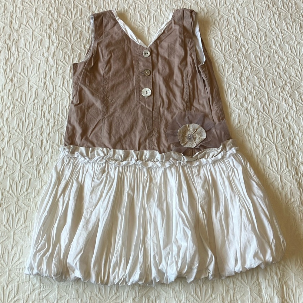 French designer jeanbourget bubble dress in brown and cream with button front